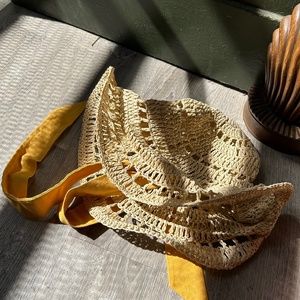 Floppy woven hat with yellow cotton ties